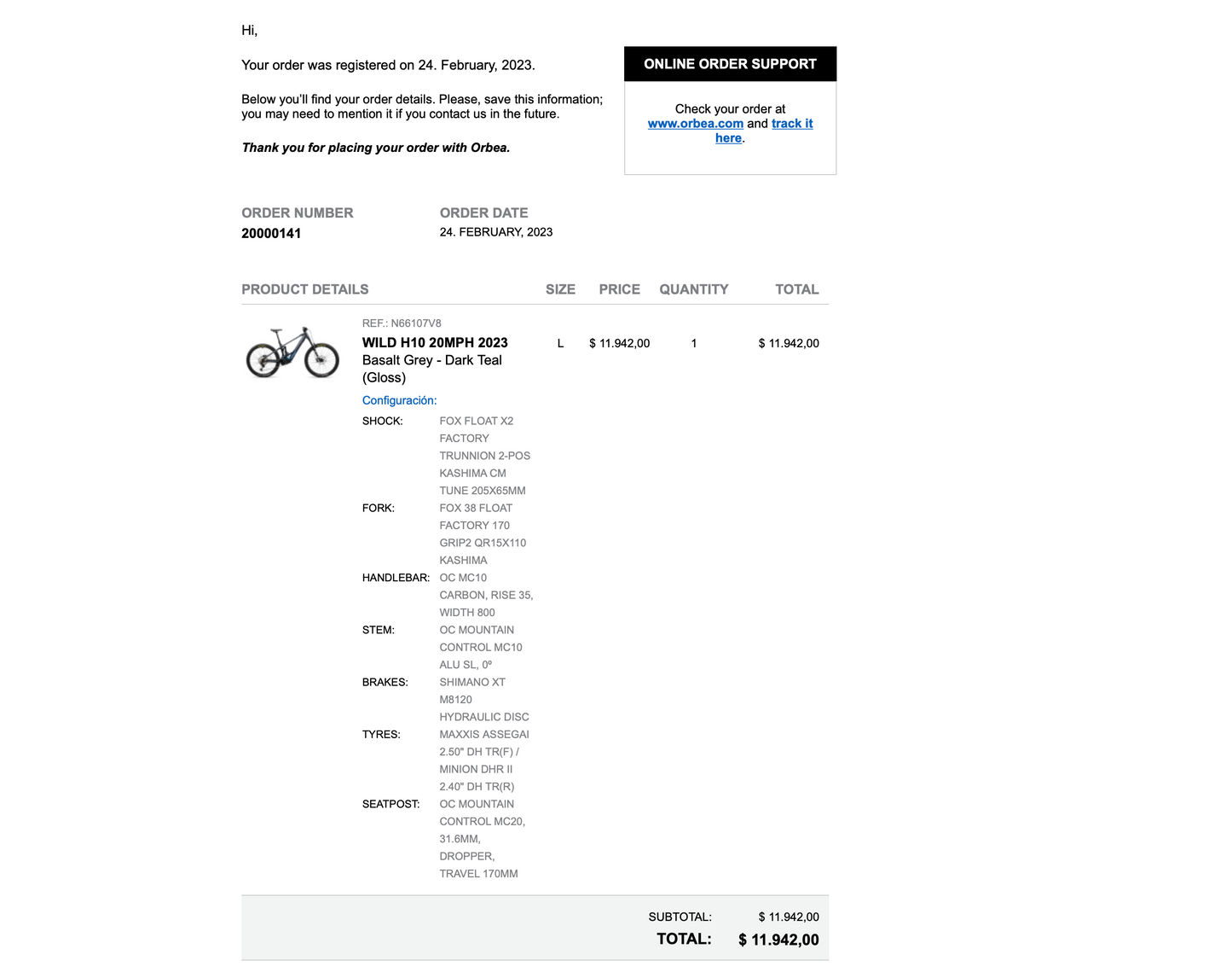 Orbea Wild H10 Medium - Gray/ Green Custom Build ( 2023 ) Fox Factory Suspension, XT Brakes, Carbon Handlebar,