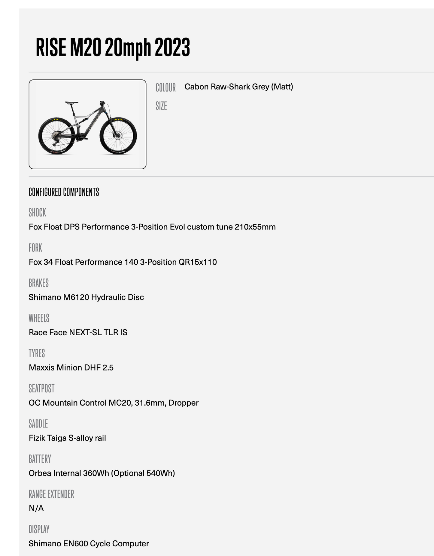 Orbea RISE M20 20MPH 2023 Cabon Raw-Shark Grey (Matt) Small